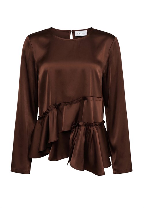 Liberté Fie Langærmet Satin Bluse med Flæse, Brun
